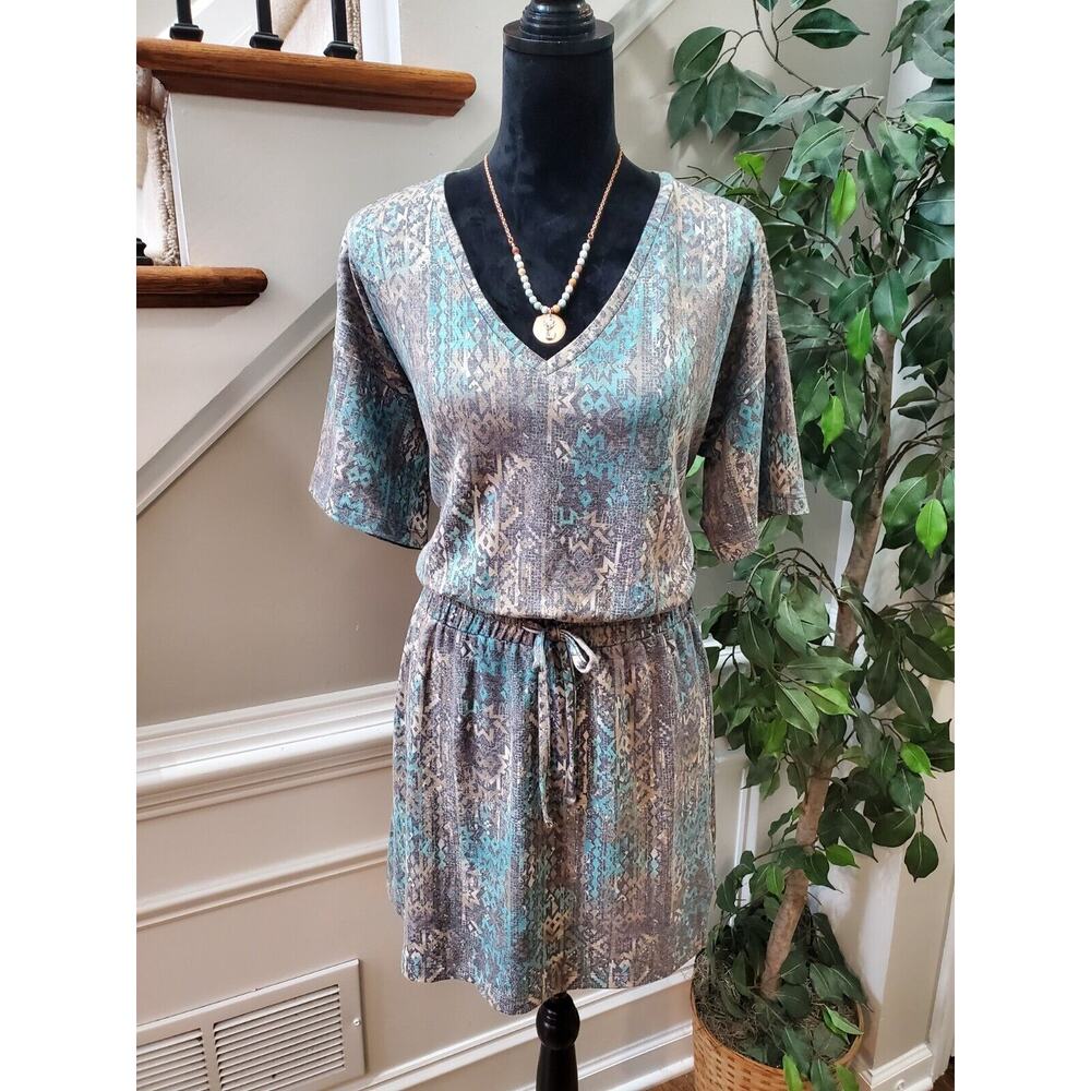 Live Well Women's Gray Polyester V-Neck Half Sleeves Knee Length Dress Size L